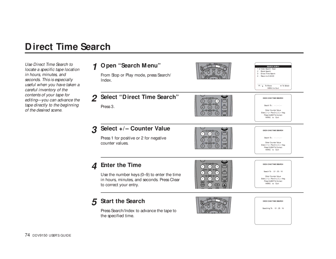 Sensory Science DDV9150 manual Direct Time Search, Open Search Menu 