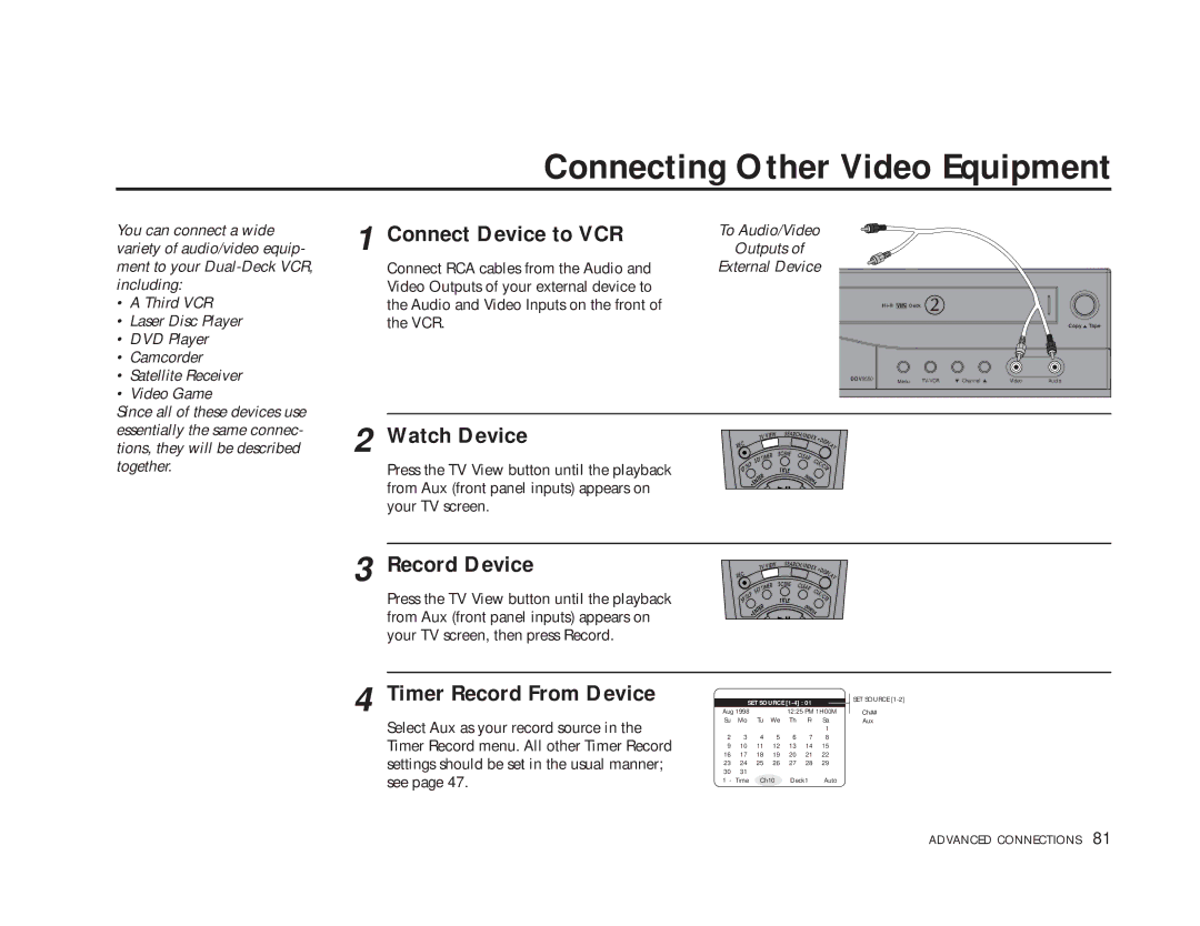 Sensory Science DDV9150 manual Connecting Other Video Equipment, Connect Device to VCR, Watch Device, Record Device 