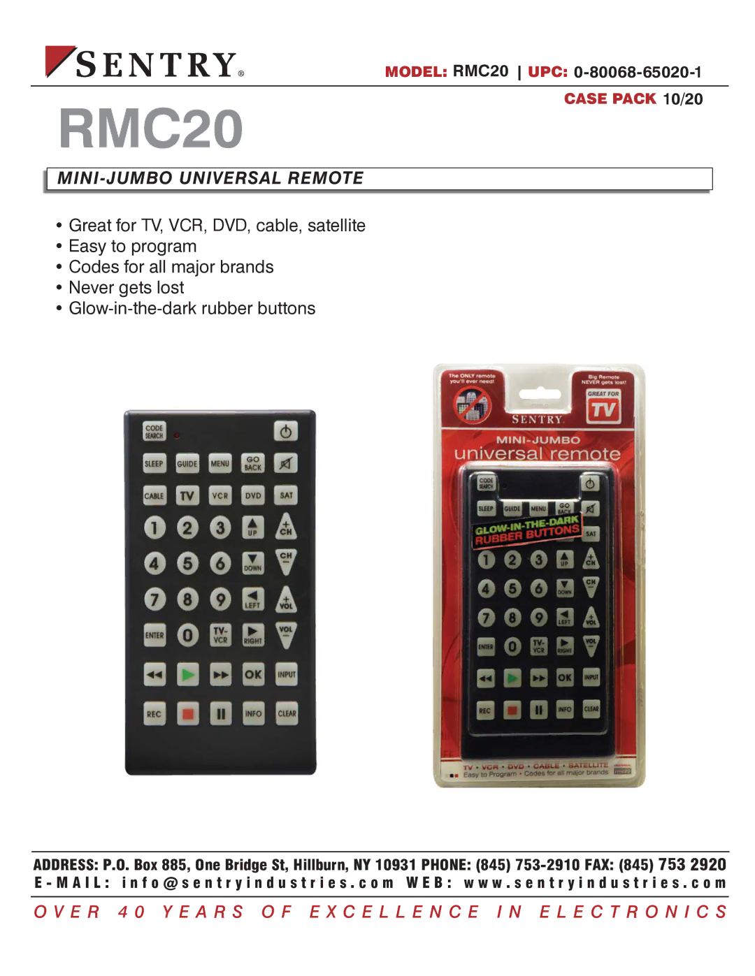 Sentry Industries RMC20, 0-80068-65020-1 manual MINI-JUMBO Universal Remote 