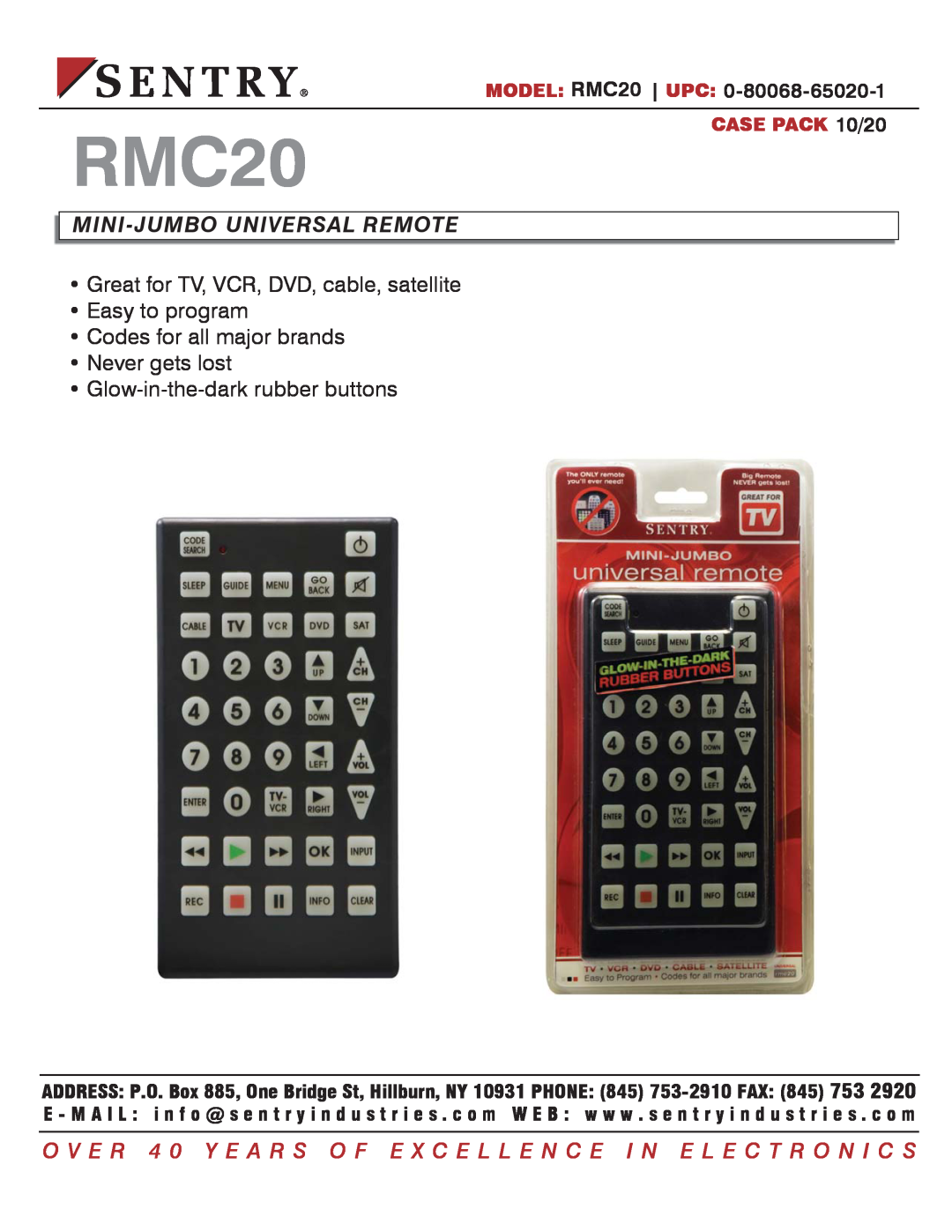 Sentry Industries RMC20 manual Mini-Jumbo Universal Remote, Great for TV, VCR, DVD, cable, satellite Easy to program 