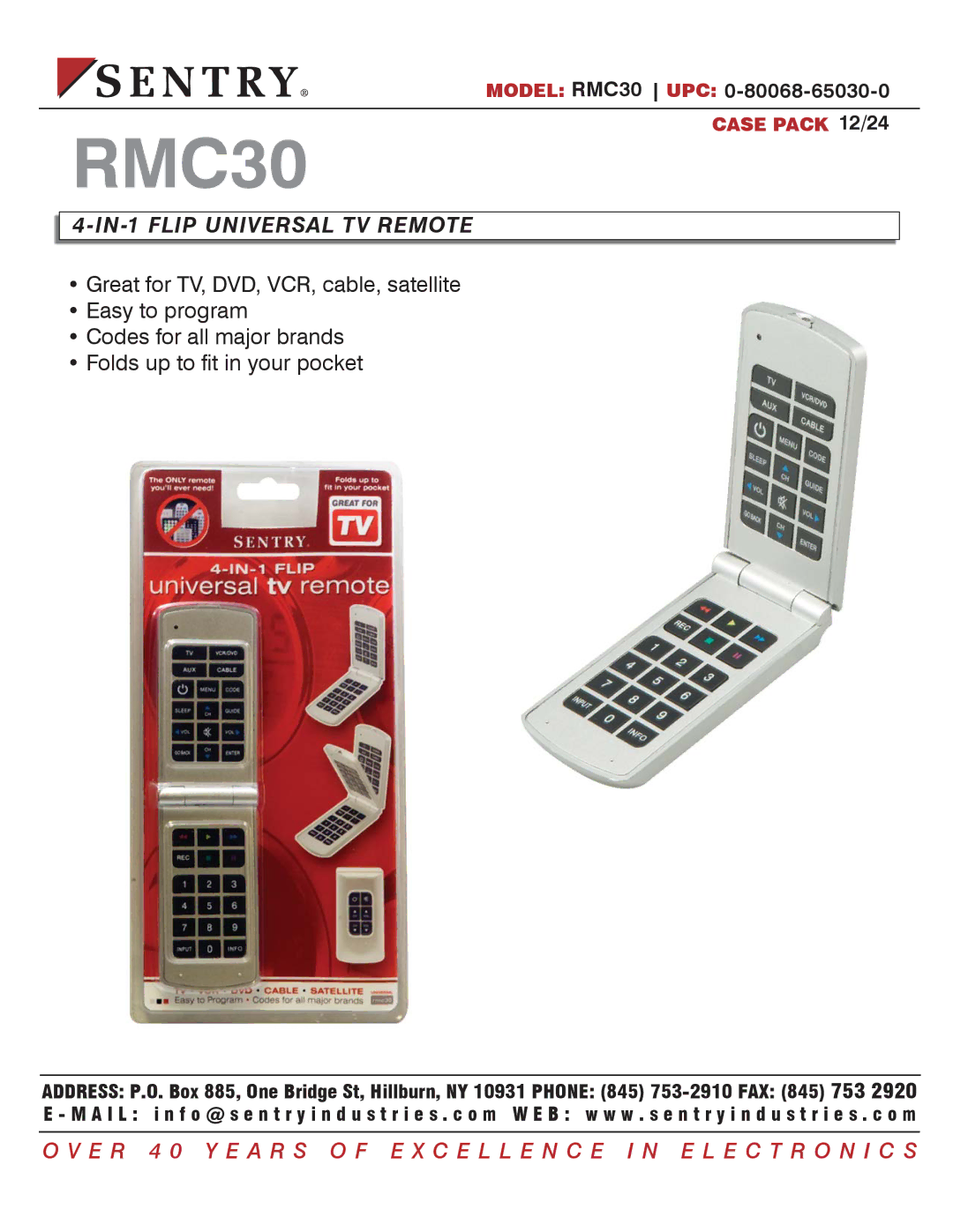 Sentry Industries 0-80068-65030-0 manual RMC30, IN-1 Flip Universal TV Remote 