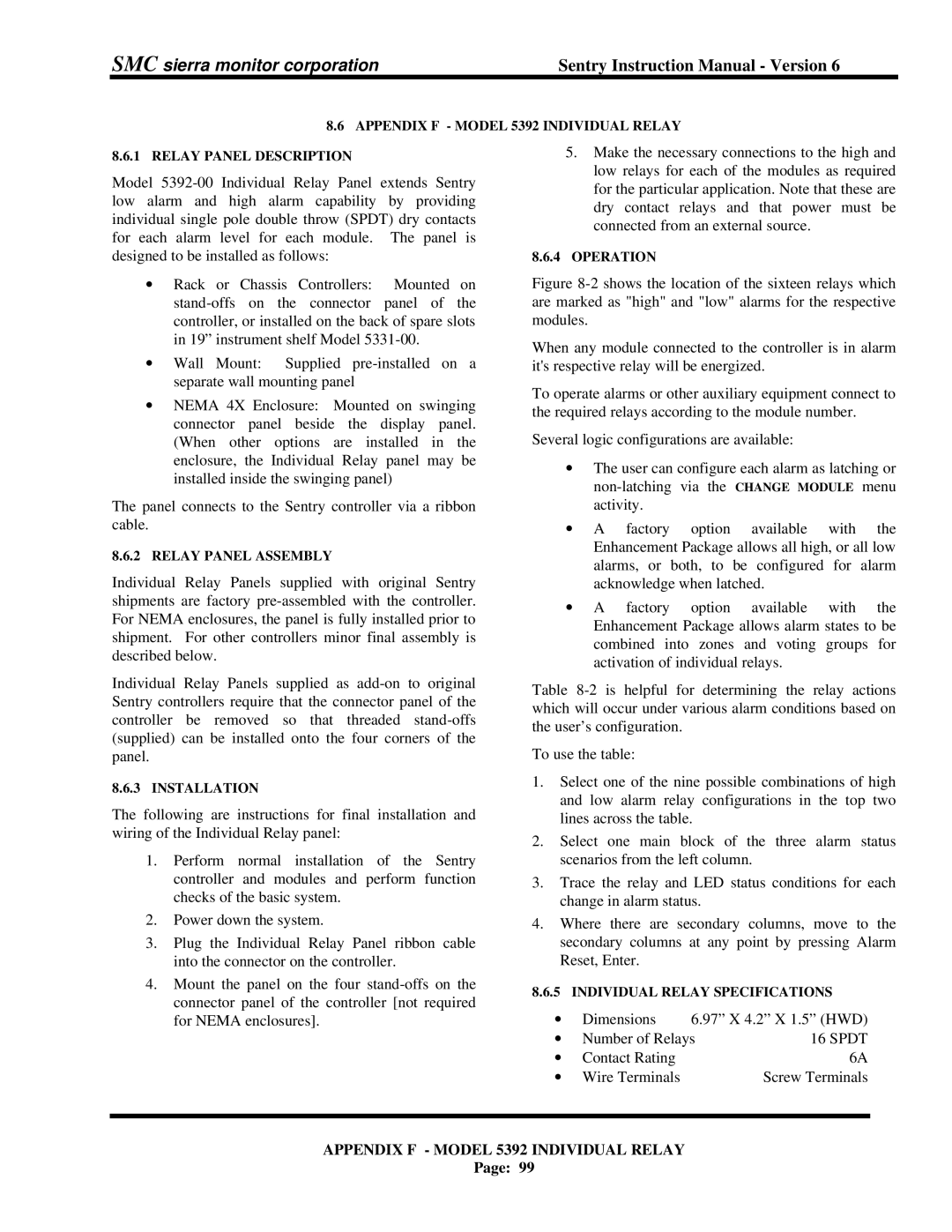 Sentry Industries 5000 Appendix F Model 5392 Individual Relay, Relay Panel Assembly, Installation, Operation 