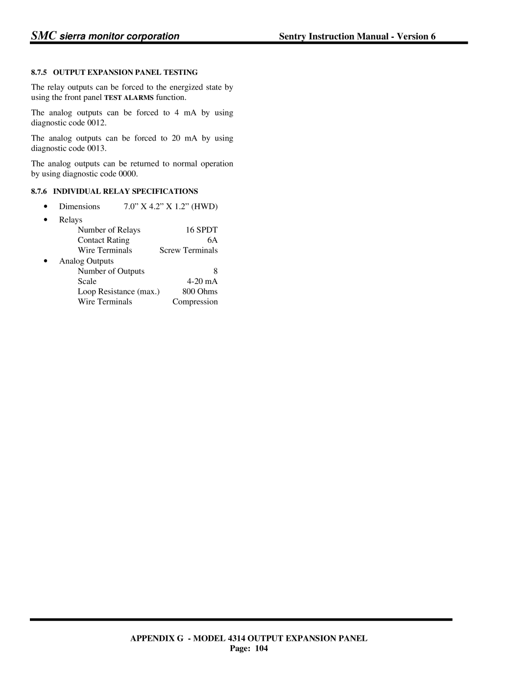 Sentry Industries 5000 instruction manual Output Expansion Panel Testing, Individual Relay Specifications 