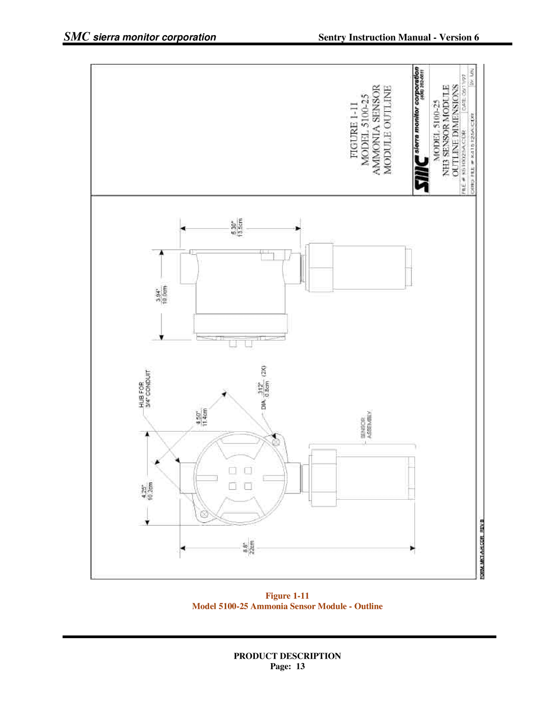 Sentry Industries 5000 instruction manual Model 5100-25 Ammonia Sensor Module Outline 