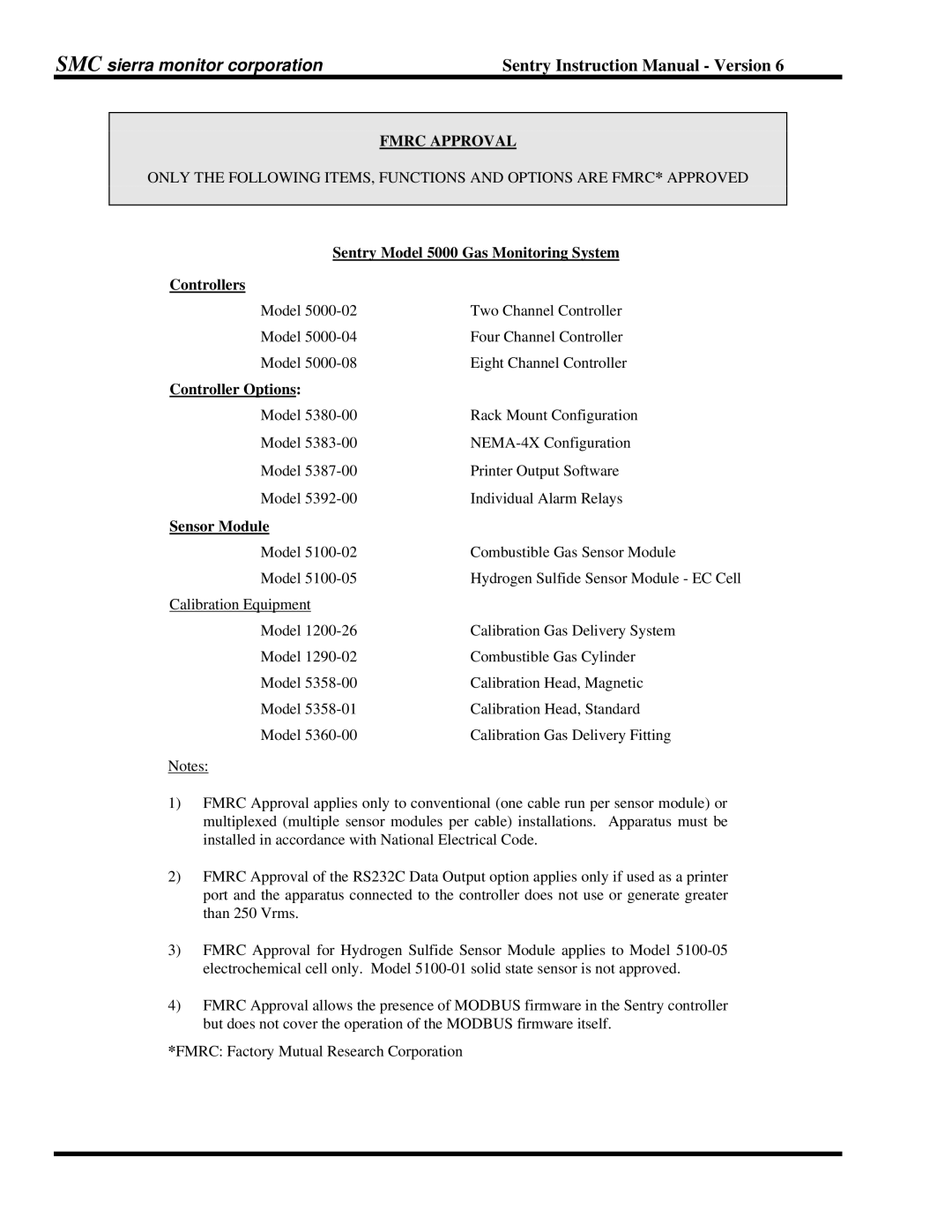 Sentry Industries Fmrc Approval, Sentry Model 5000 Gas Monitoring System Controllers, Controller Options, Sensor Module 