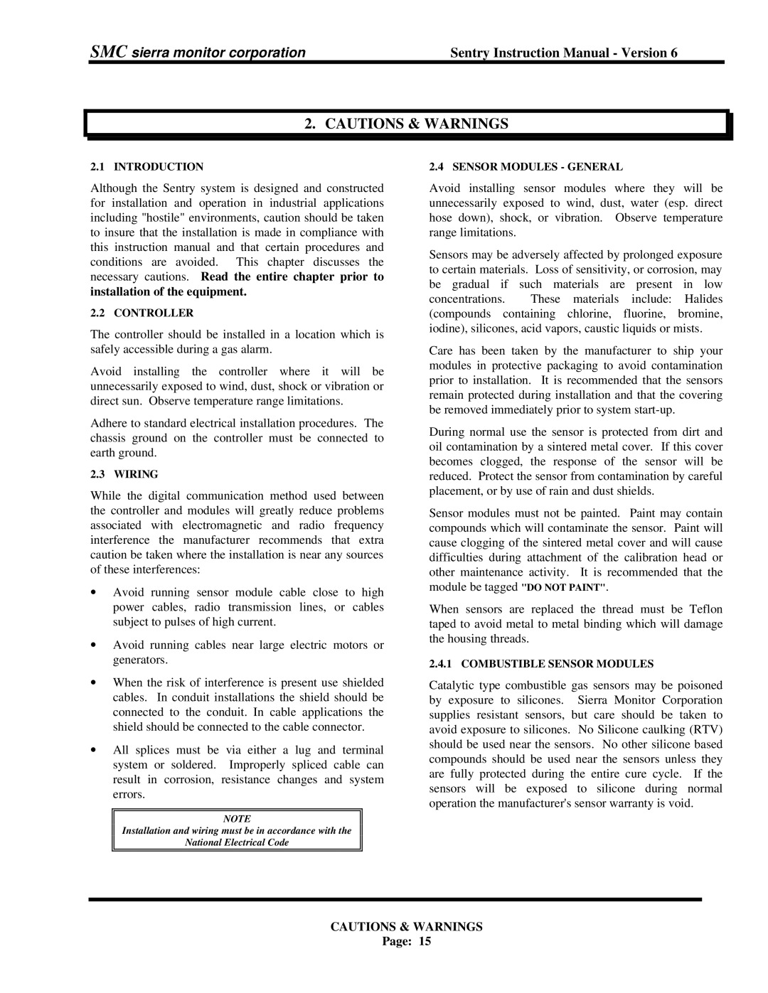 Sentry Industries 5000 Introduction Controller, Wiring, Sensor Modules General, Combustible Sensor Modules 