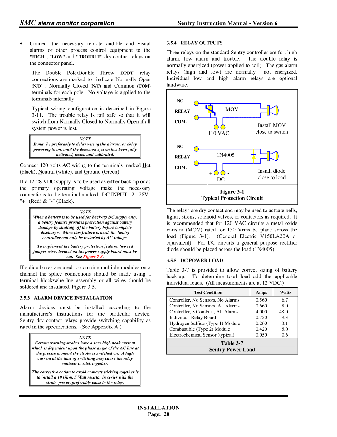 Sentry Industries 5000 instruction manual Mov, Install MOV, Typical Protection Circuit, Sentry Power Load 