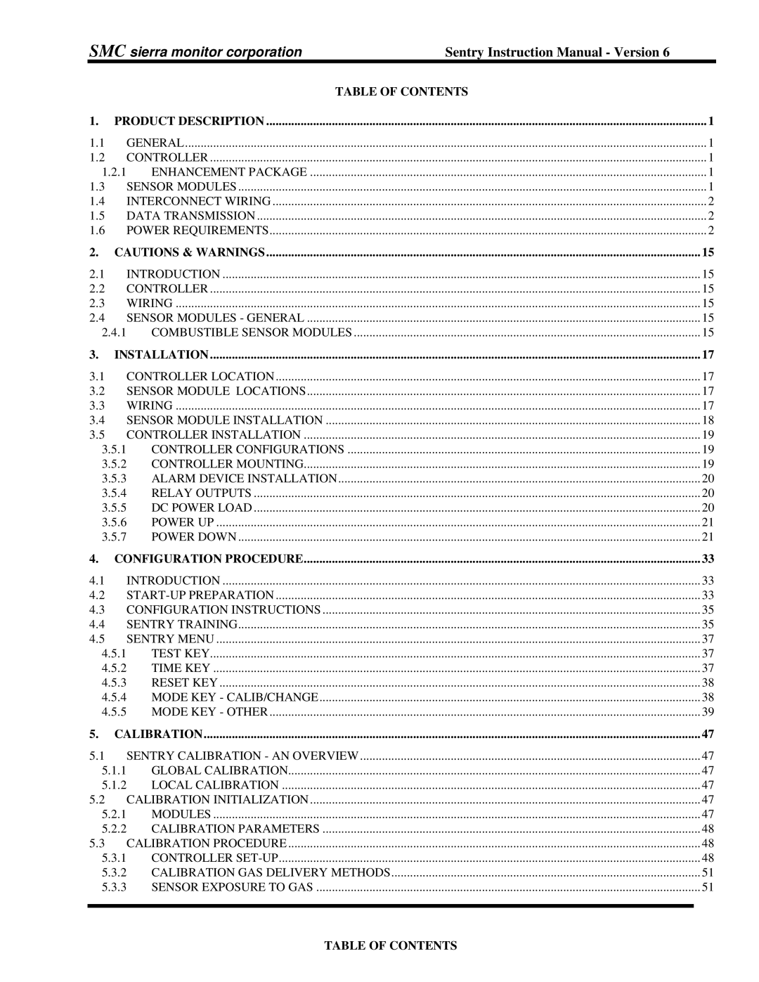 Sentry Industries 5000 Table of Contents Product Description, Installation, Configuration Procedure, Calibration 