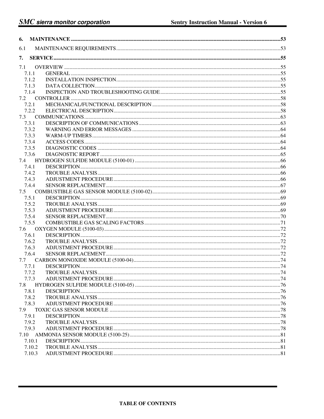 Sentry Industries 5000 instruction manual Maintenance, Service 