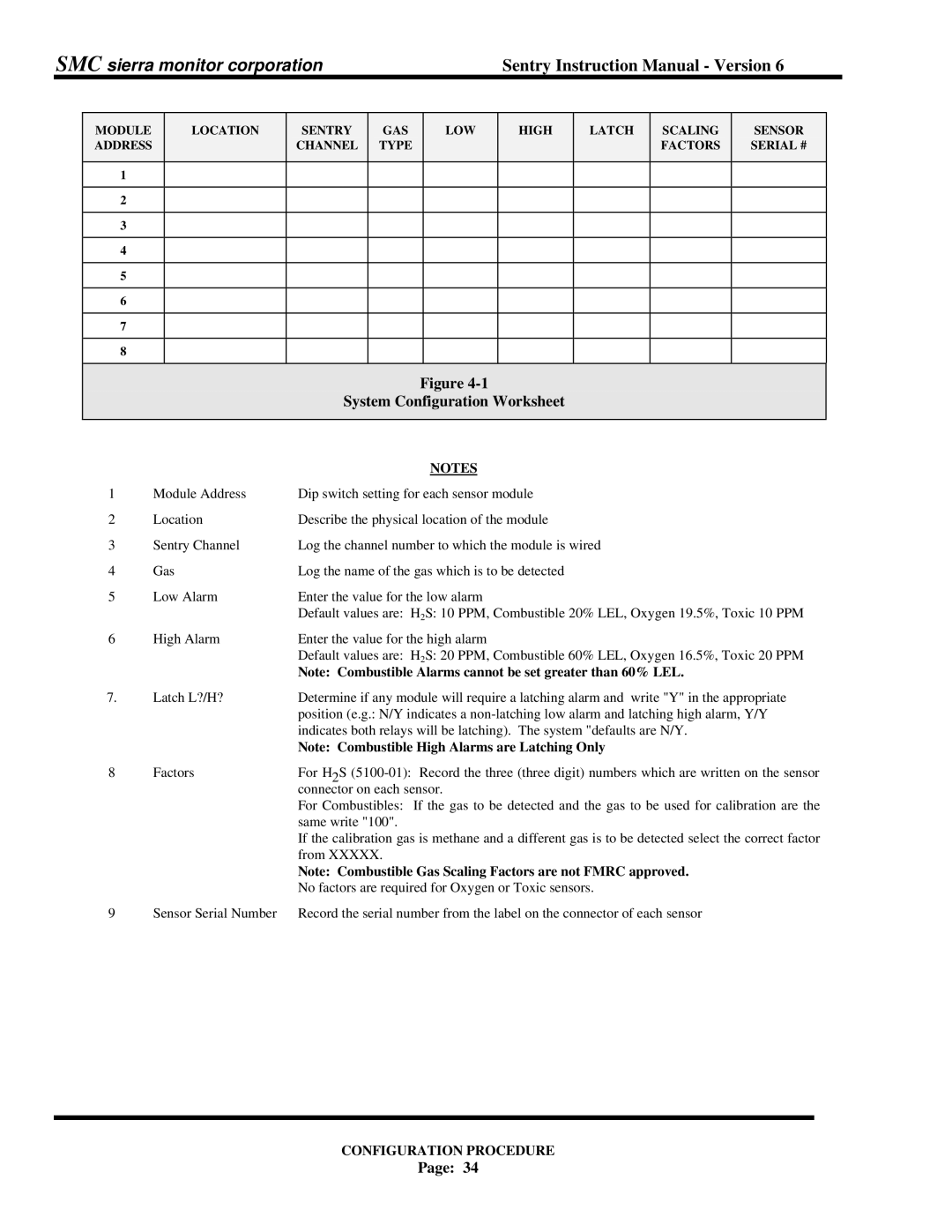 Sentry Industries 5000 instruction manual System Configuration Worksheet 