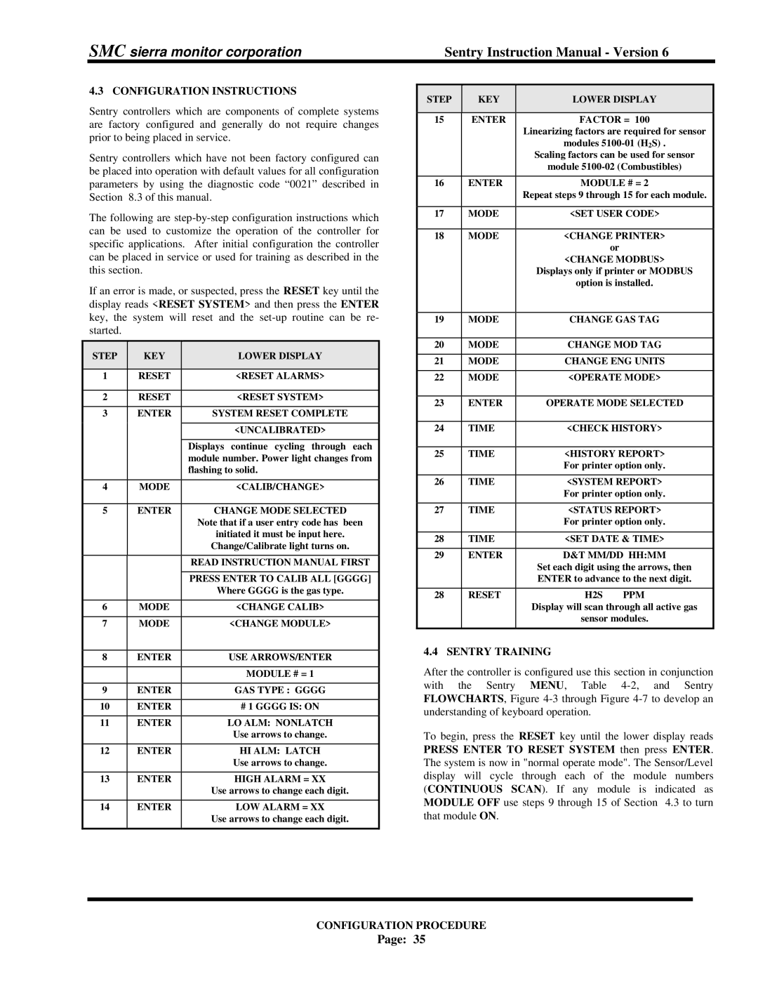 Sentry Industries 5000 instruction manual Configuration Instructions, Sentry Training 