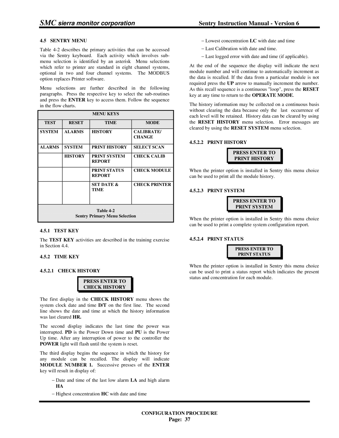 Sentry Industries 5000 Sentry Menu, Check History Press Enter to, Print History Press Enter to, Print Status 