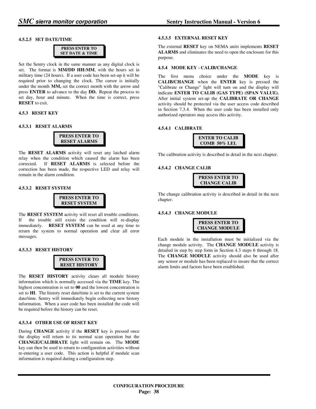 Sentry Industries 5000 instruction manual Set Date/Time, Reset KEY Reset Alarms Press Enter to, Reset System Press Enter to 
