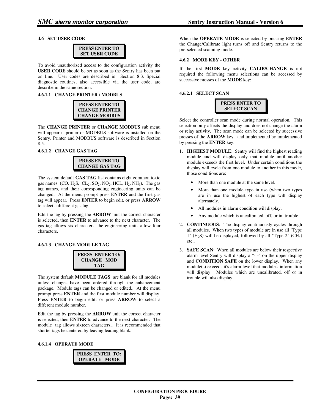 Sentry Industries 5000 SET User Code Press Enter to, Change Printer / Modbus Press Enter to Change Modbus, Mode KEY Other 