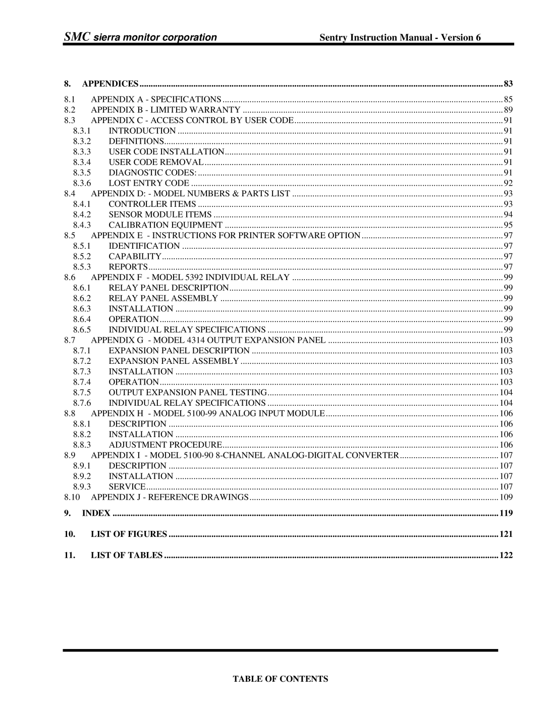 Sentry Industries 5000 instruction manual Appendices, Index, List of Figures, List of Tables 