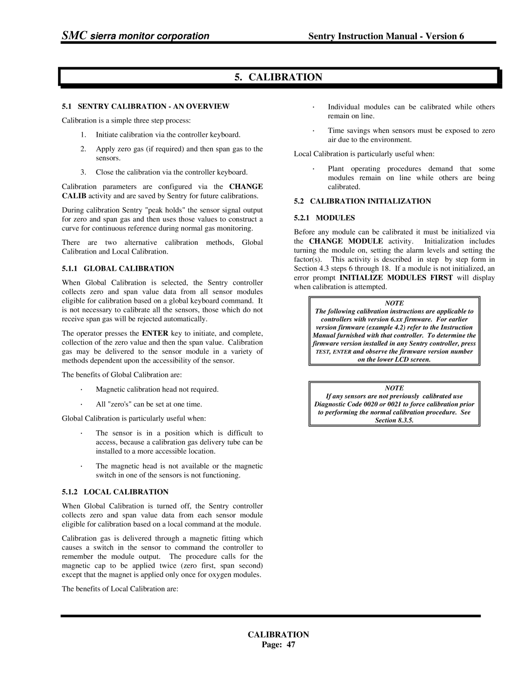 Sentry Industries 5000 instruction manual Sentry Calibration AN Overview, Global Calibration, Local Calibration 