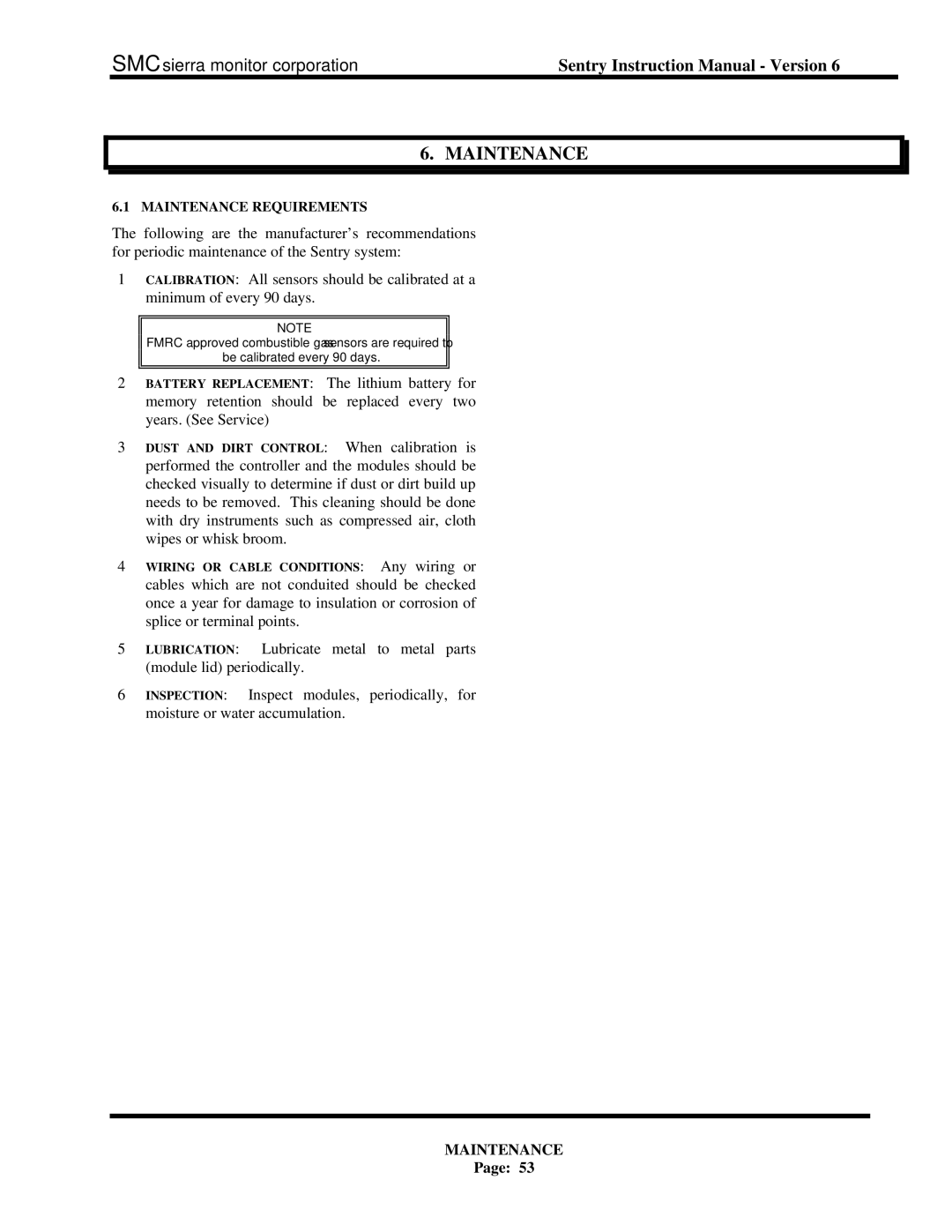 Sentry Industries 5000 instruction manual Maintenance Requirements 