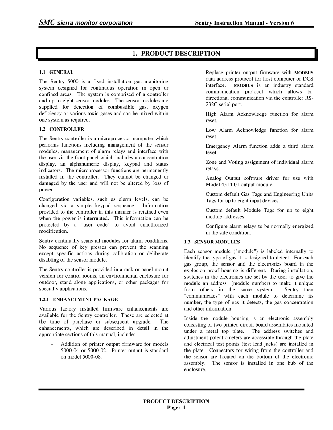 Sentry Industries 5000 instruction manual General, Controller, Enhancement Package, Sensor Modules 