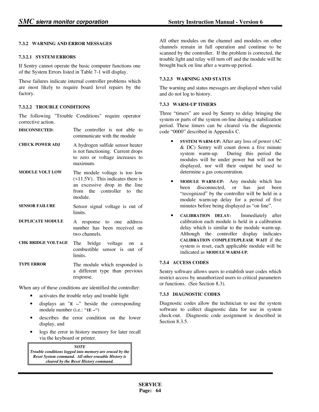 Sentry Industries 5000 instruction manual System Errors, Trouble Conditions, WARM-UP Timers, Access Codes, Diagnostic Codes 