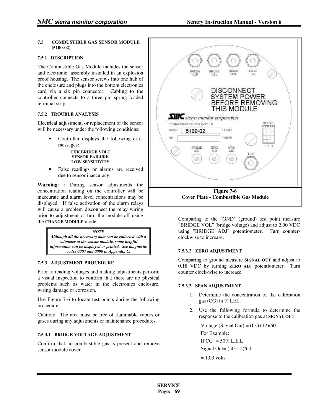 Sentry Industries 5000 Cover Plate Combustible Gas Module, Combustible GAS Sensor Module Description, Zero Adjustment 