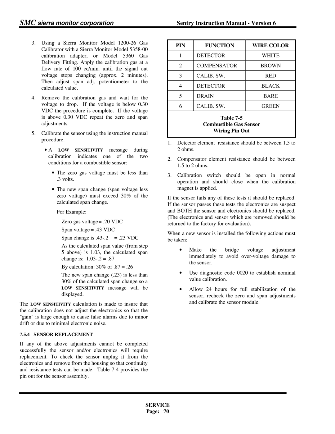 Sentry Industries 5000 instruction manual Combustible Gas Sensor Wiring Pin Out, Sensor Replacement 