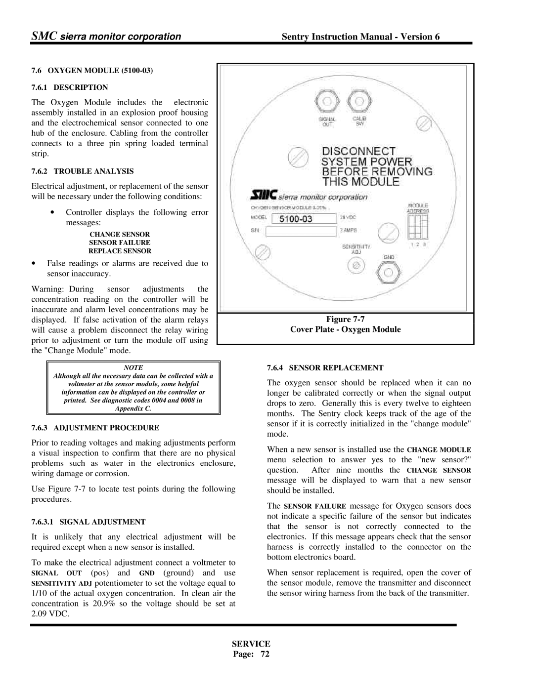 Sentry Industries 5000 instruction manual Cover Plate Oxygen Module, Signal Adjustment 