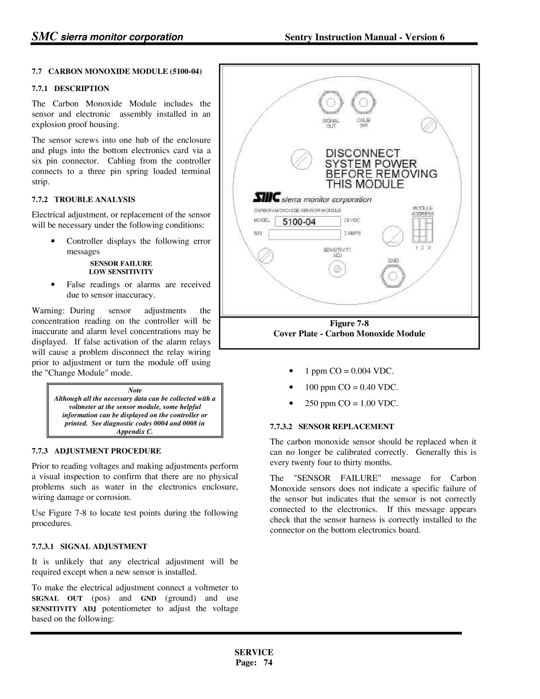 Sentry Industries 5000 instruction manual Cover Plate Carbon Monoxide Module, Carbon Monoxide Module Description 