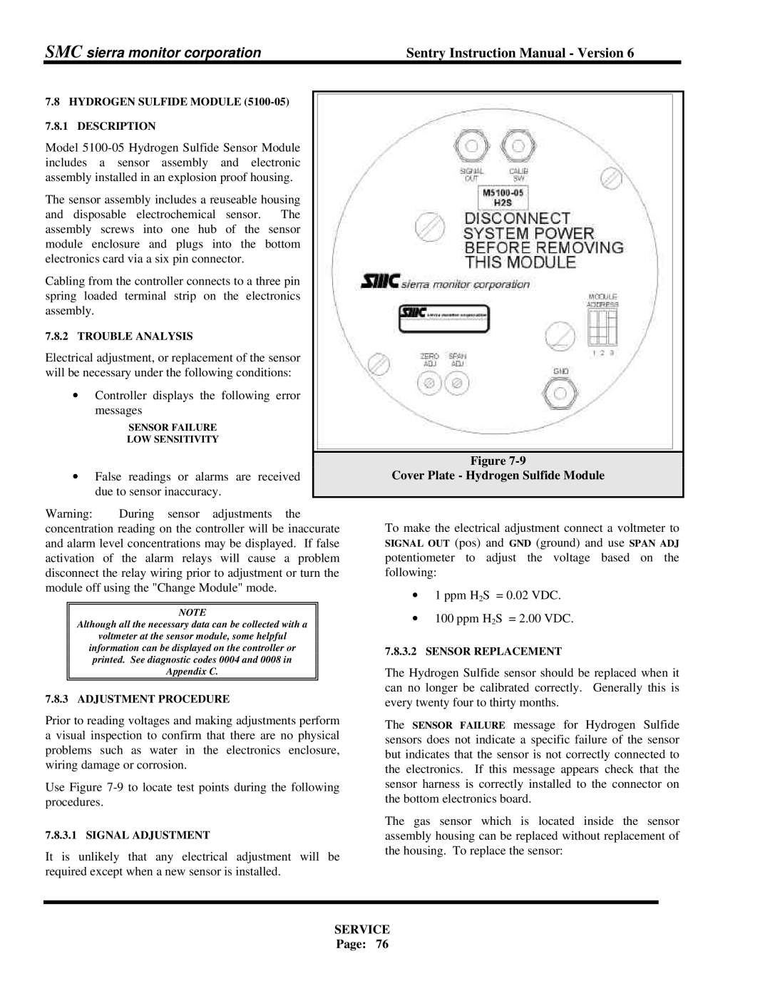 Sentry Industries 5000 instruction manual Cover Plate Hydrogen Sulfide Module, Hydrogen Sulfide Module Description 