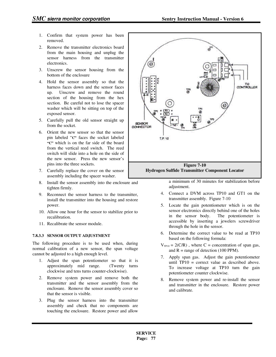 Sentry Industries 5000 instruction manual Hydrogen Sulfide Transmitter Component Locator, Sensor Output Adjustment 