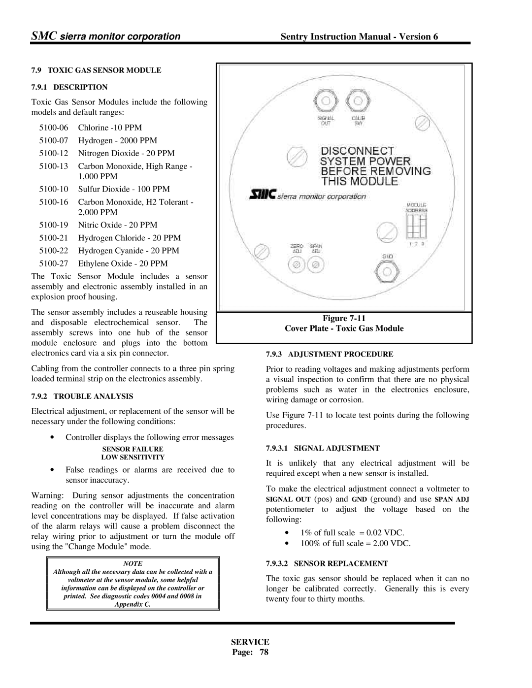 Sentry Industries 5000 instruction manual Cover Plate Toxic Gas Module, Toxic GAS Sensor Module Description 