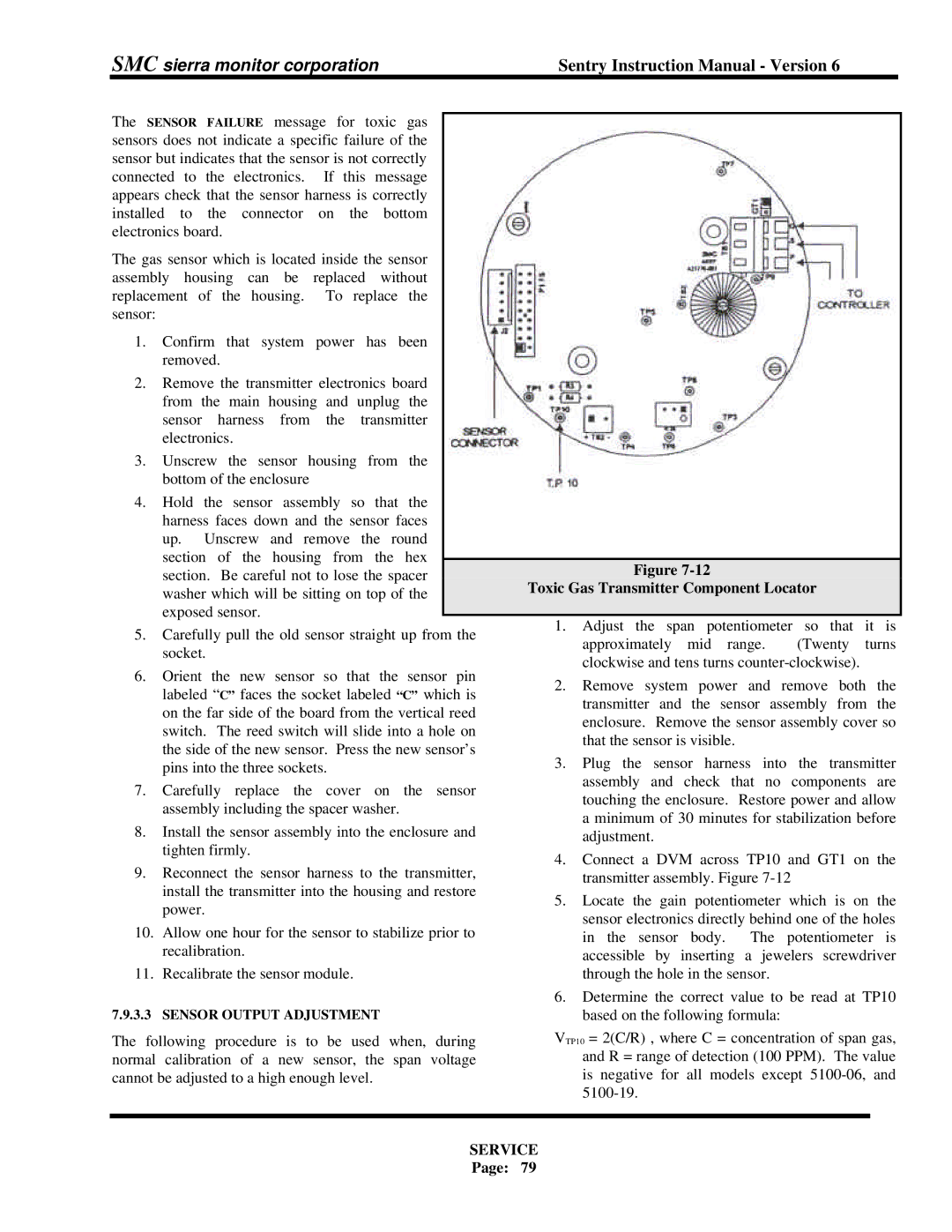 Sentry Industries 5000 instruction manual Toxic Gas Transmitter Component Locator, Service 