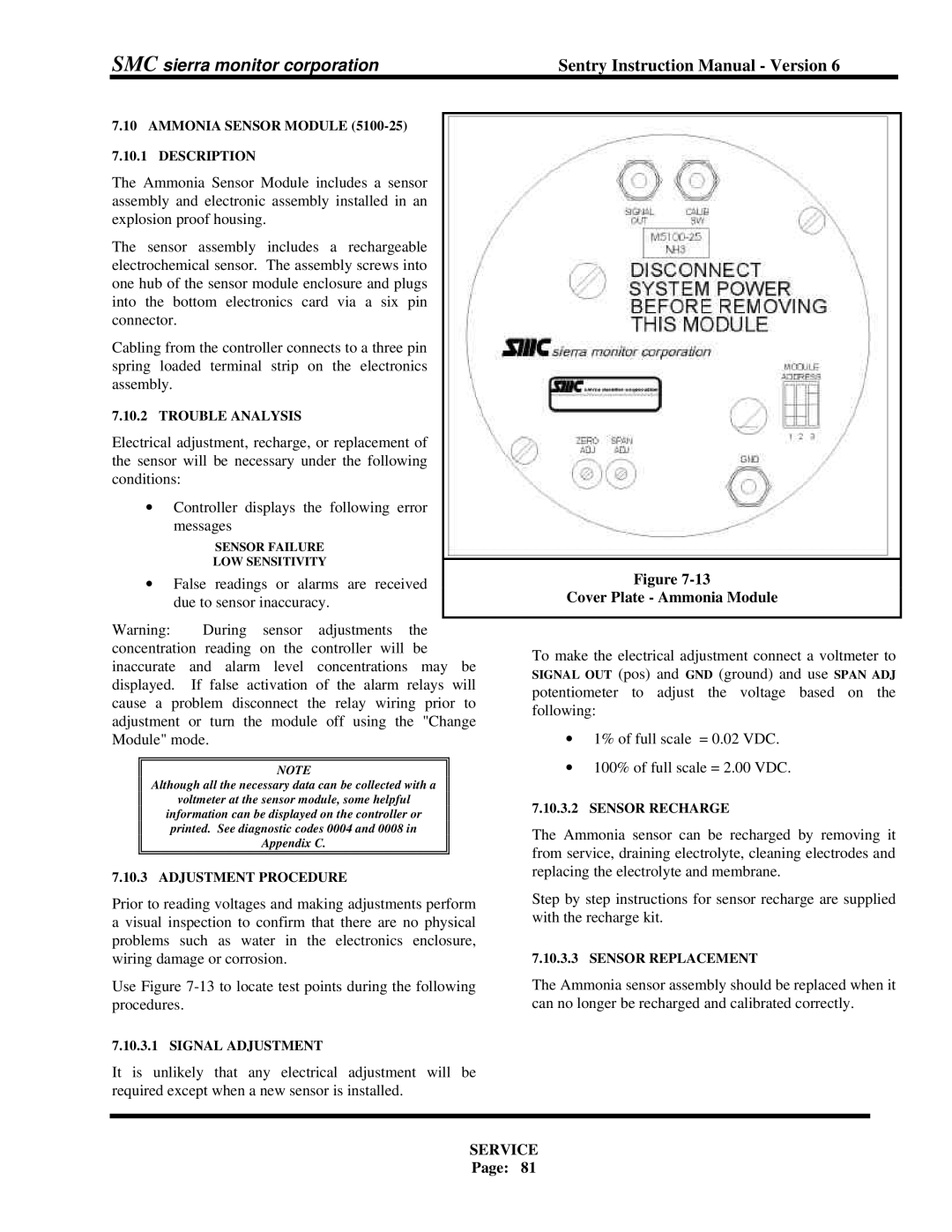 Sentry Industries 5000 instruction manual Cover Plate Ammonia Module, Ammonia Sensor Module Description, Sensor Recharge 