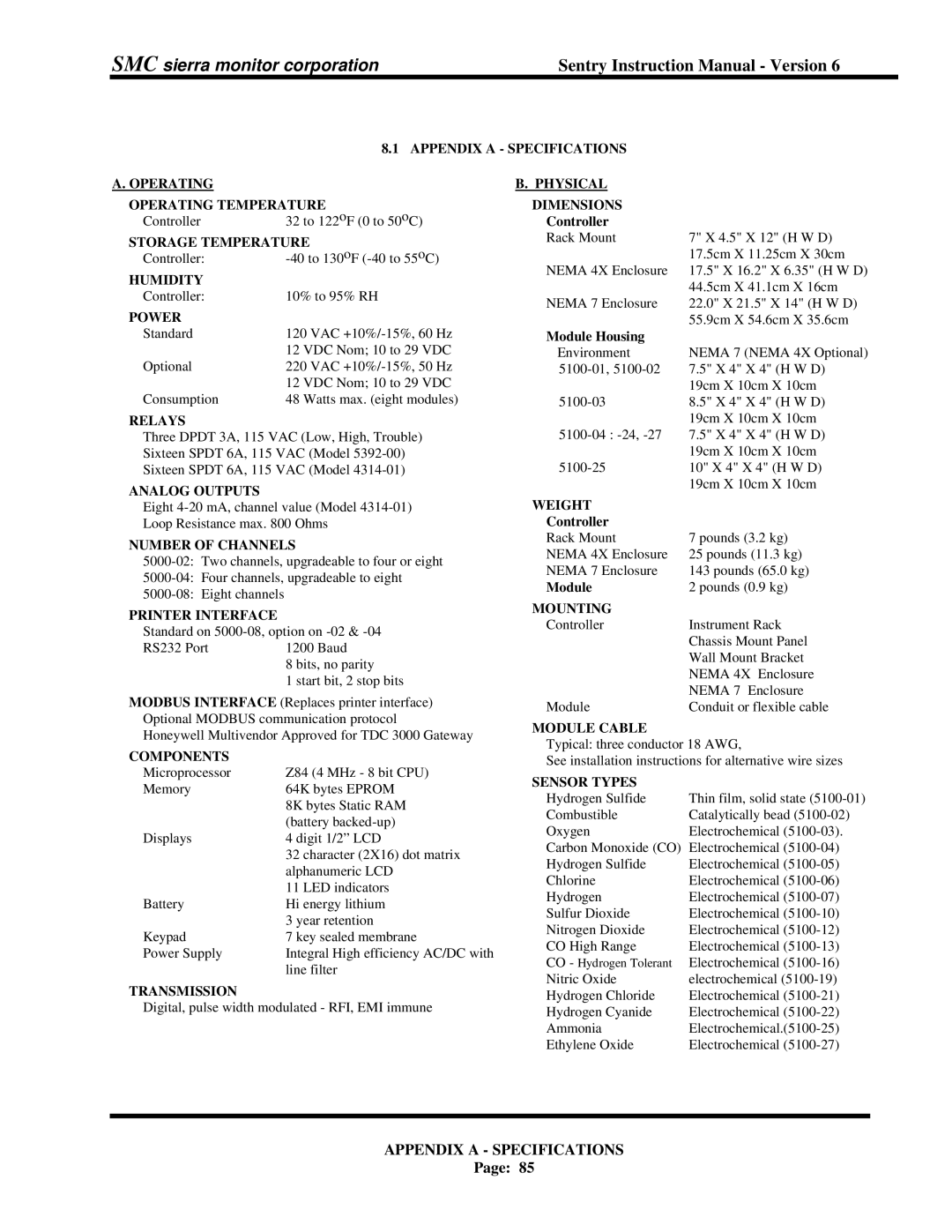 Sentry Industries 5000 Appendix a Specifications Operating Operating Temperature, Storage Temperature, Humidity, Power 
