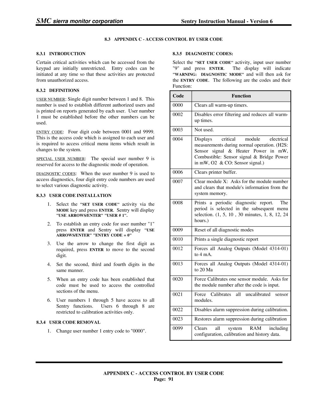 Sentry Industries 5000 Code Function, Appendix C Access Control by User Code, Definitions, User Code Installation 