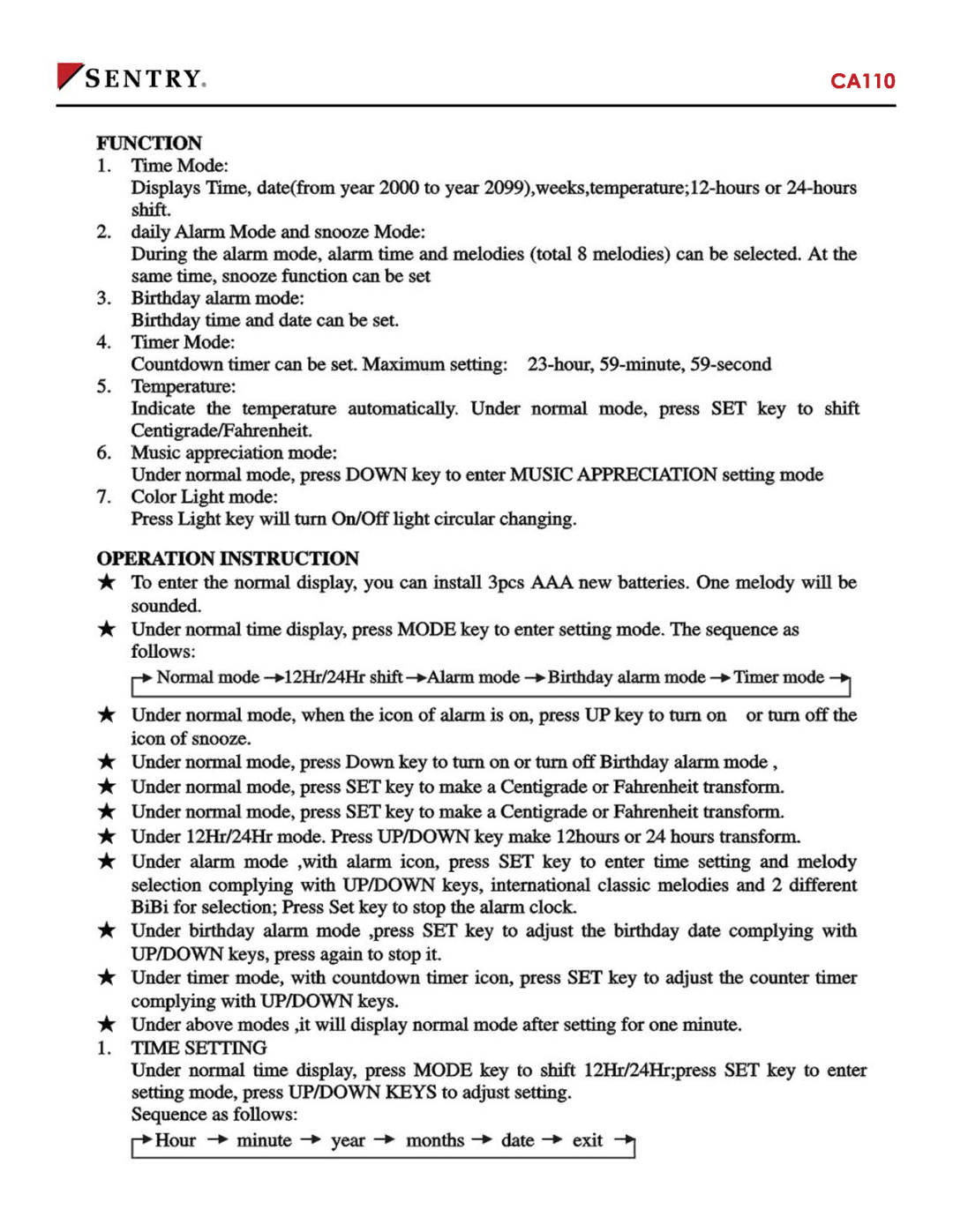 Sentry Industries CA110 manual 