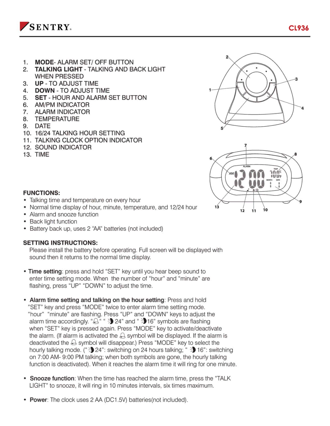 Sentry Industries CL936 manual 