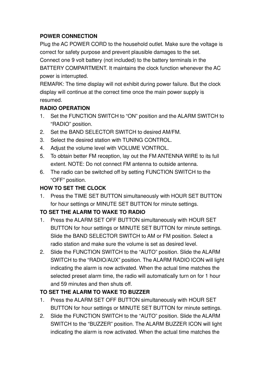 Sentry Industries CR105 Power Connection, Radio Operation, HOW to SET the Clock, To SET the Alarm to Wake to Radio 