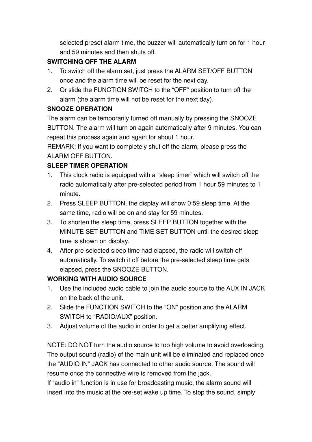 Sentry Industries CR105 Switching OFF the Alarm, Snooze Operation, Sleep Timer Operation, Working with Audio Source 