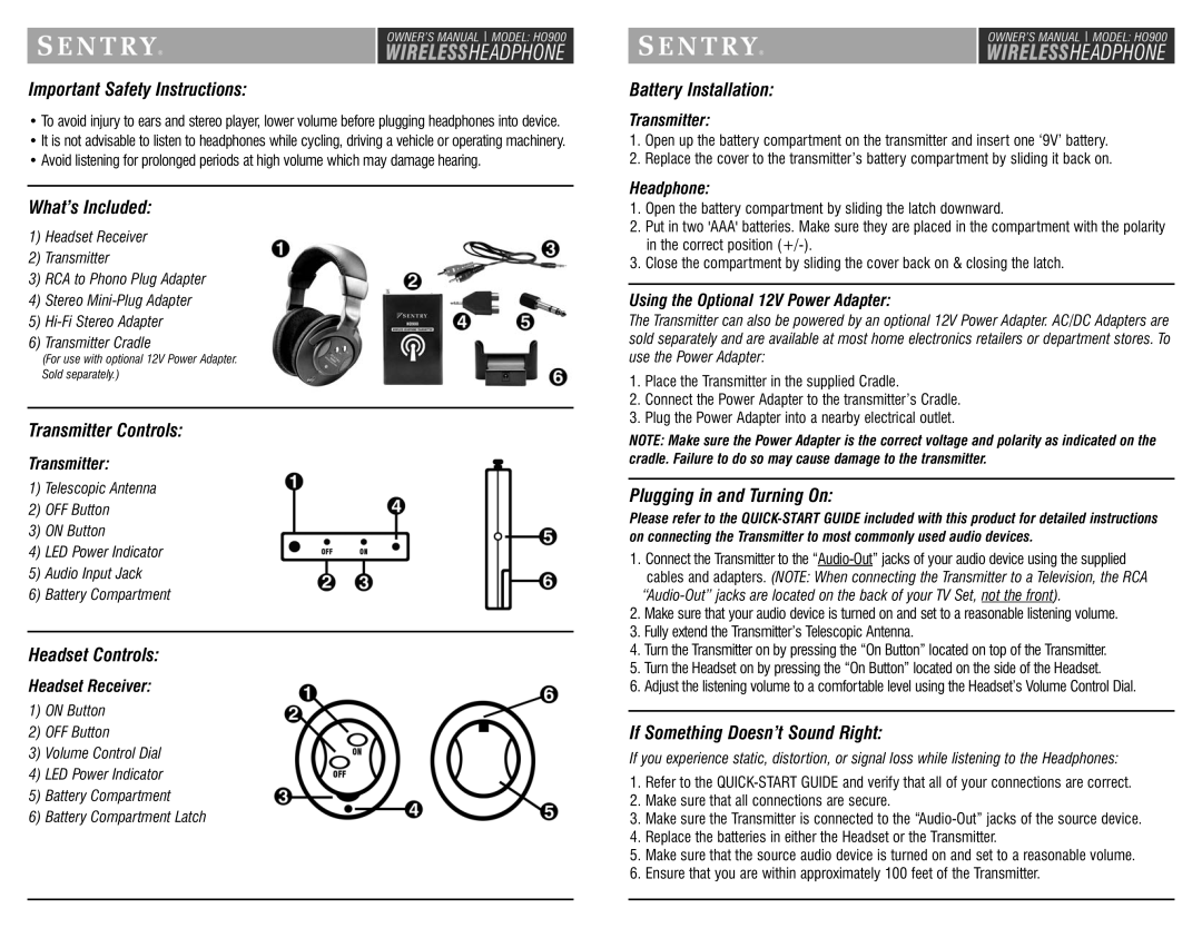 Sentry Industries HO900 Important Safety Instructions, What’s Included, Transmitter Controls, Headset Controls 