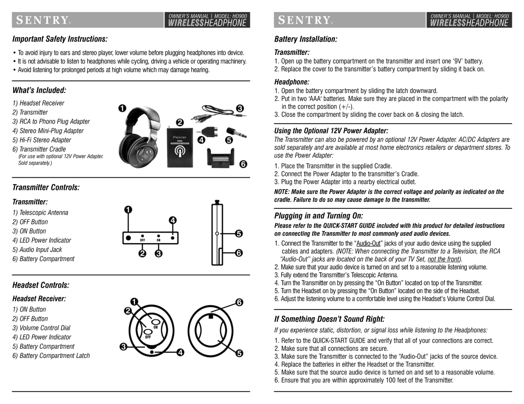 Sentry Industries HO900 Important Safety Instructions, What’s Included, Transmitter Controls, Headset Controls, Headphone 