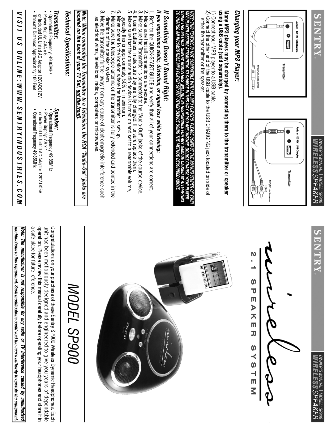 Sentry Industries SP900 manual Charging your MP3 Player, If Something Doesn’t Sound Right, Technical Specifications 