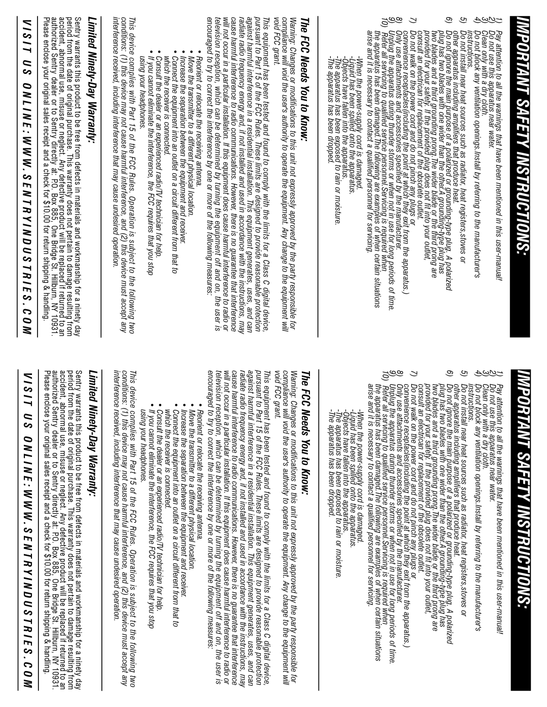 Sentry Industries SP900 manual FCC Needs You to Know, Limited Ninety-Day Warranty 