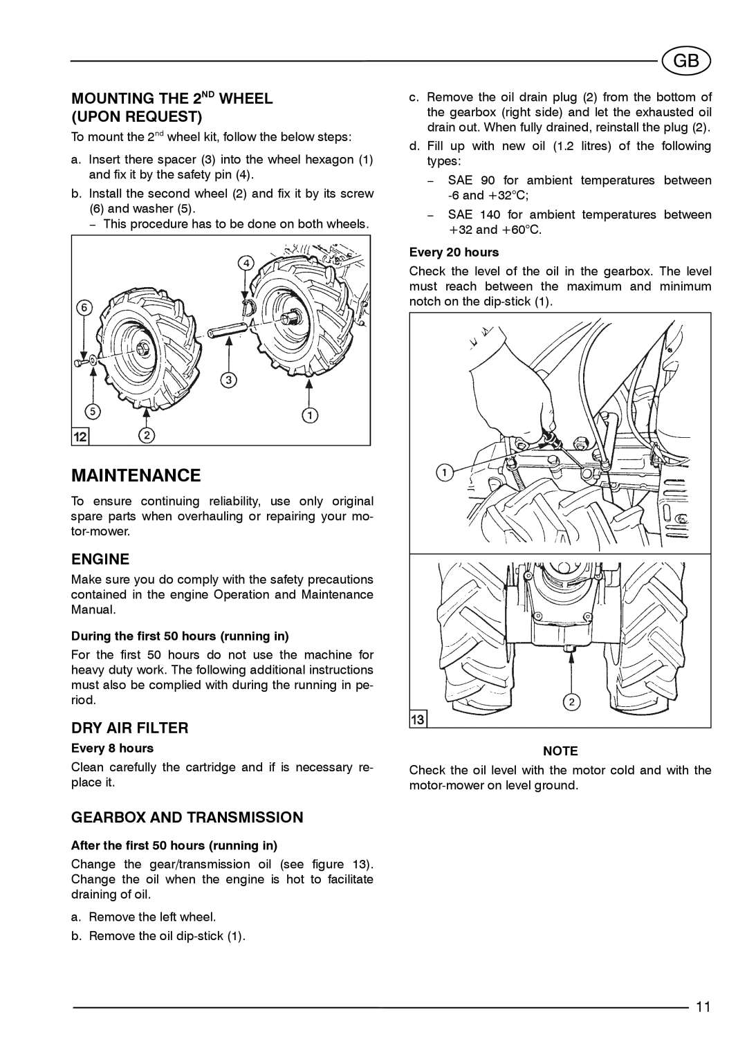 S.E.P BC90(1+1) manual Maintenance, Mounting the 2ND Wheel Upon Request, DRY AIR Filter, Gearbox and Transmission 