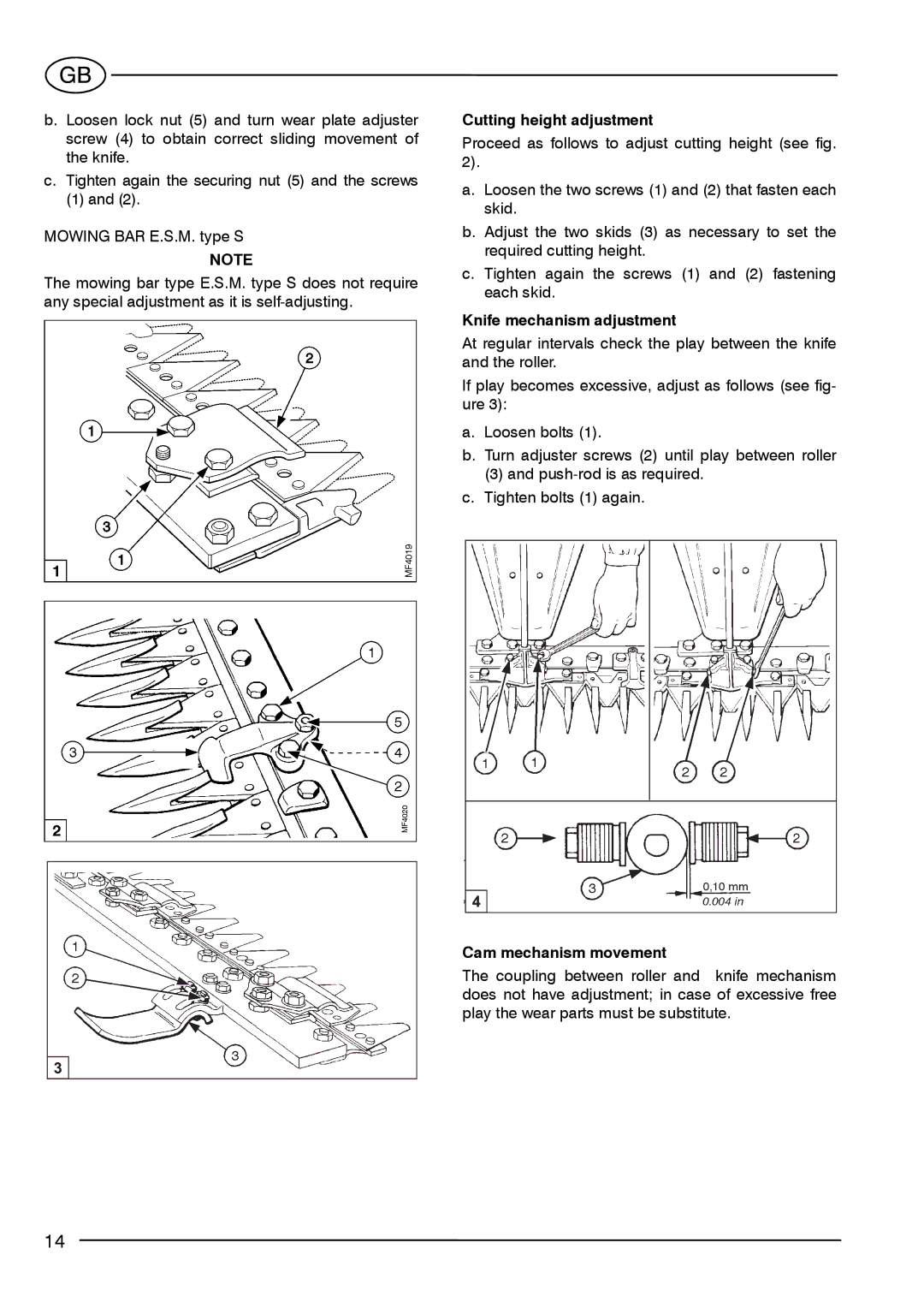 S.E.P BC90(1+1) manual Cutting height adjustment, Knife mechanism adjustment, Cam mechanism movement 