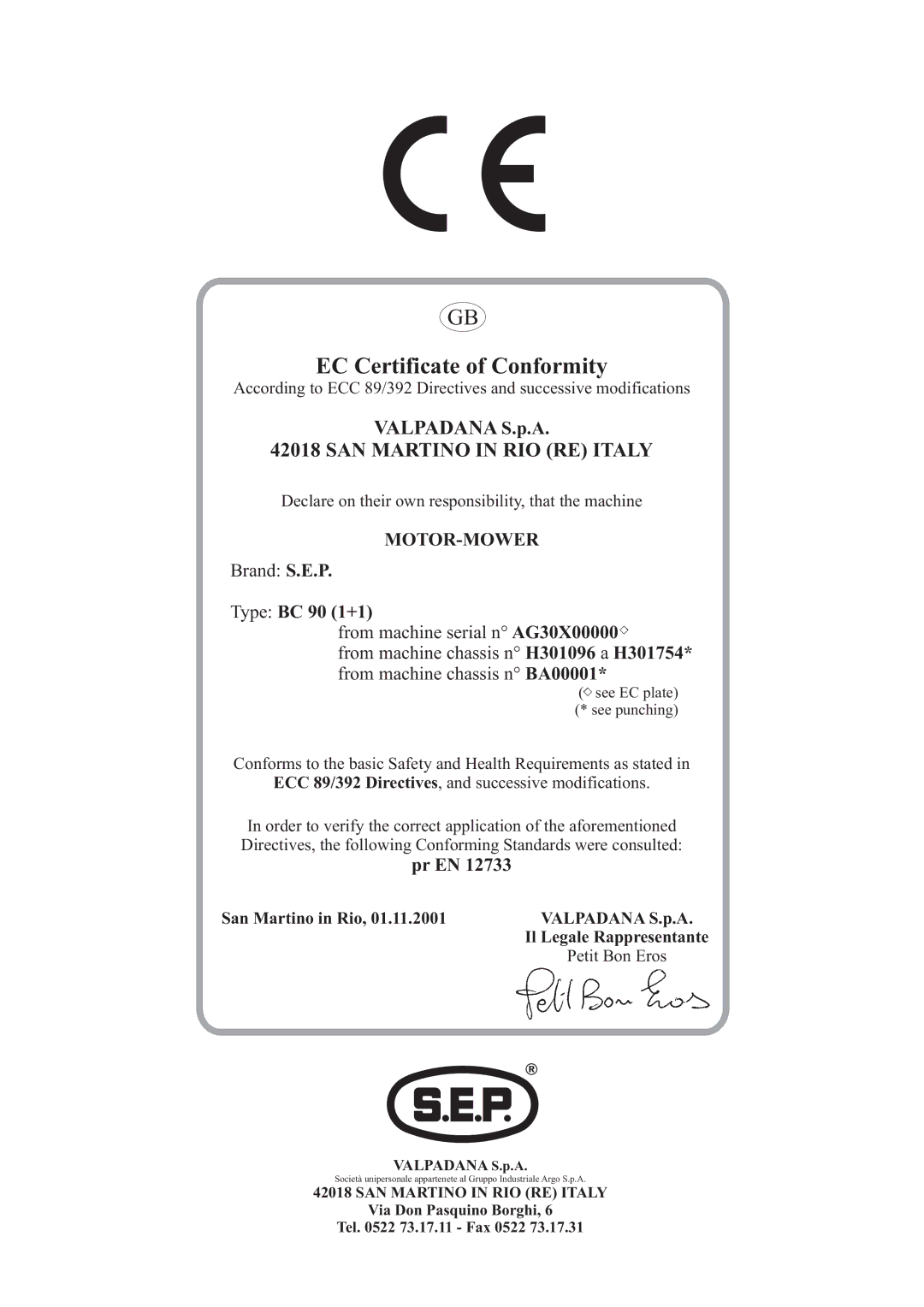 S.E.P BC90(1+1) manual EC Certificate of Conformity 