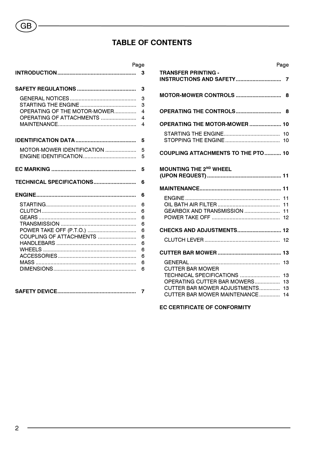 S.E.P BC90(1+1) manual Table of Contents 