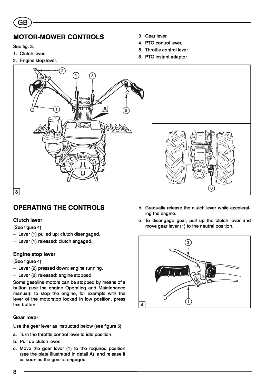 S.E.P BC90(1+1) manual Motor-Mower Controls, Operating The Controls, Clutch lever, Engine stop lever, Gear lever 