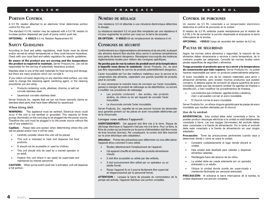 Server Technology 01621-REVC-100605 manual Portion Control, Safety Guidelines, Numéro DE Réglage, Consignes DE Sécurité 