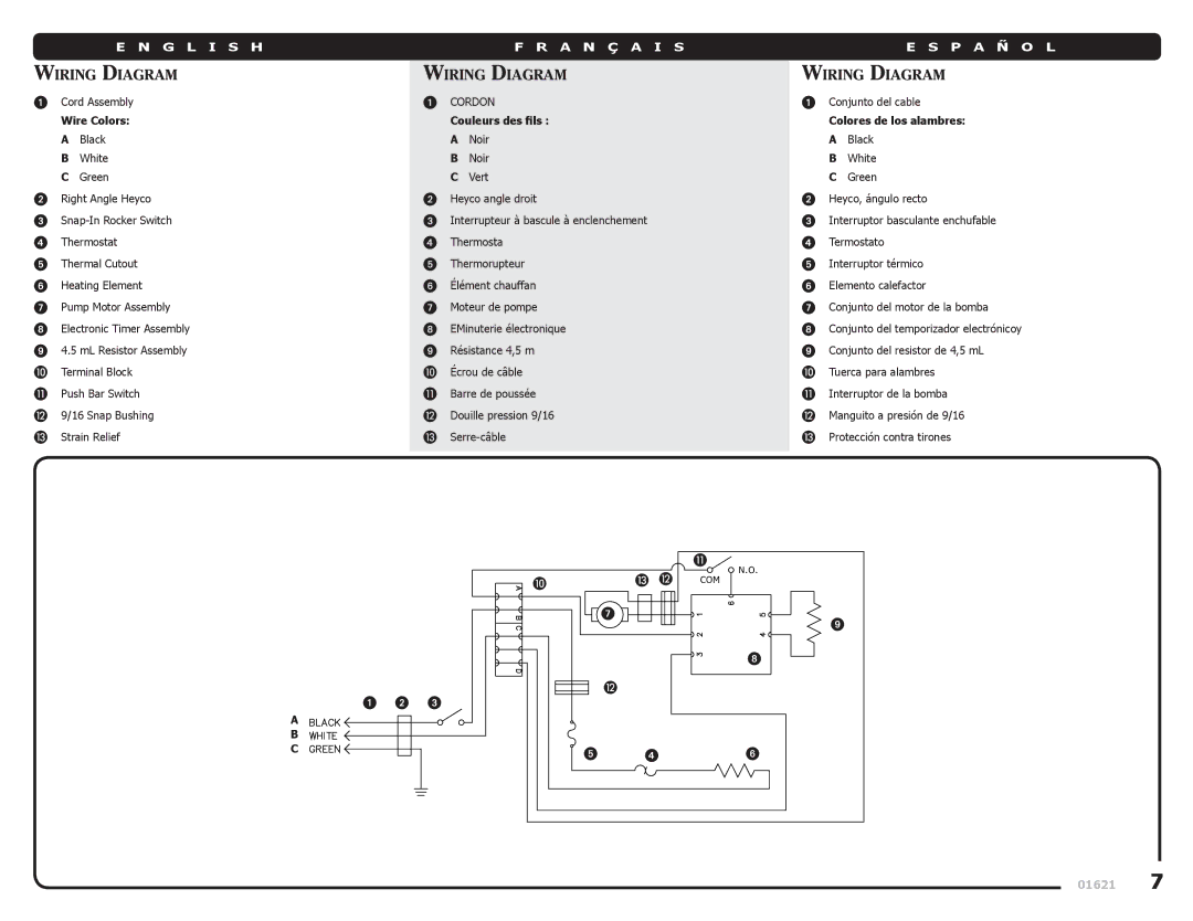 Server Technology 01621-REVC-100605 manual Wiring Diagram, Wire Colors Couleurs des ﬁls Colores de los alambres 