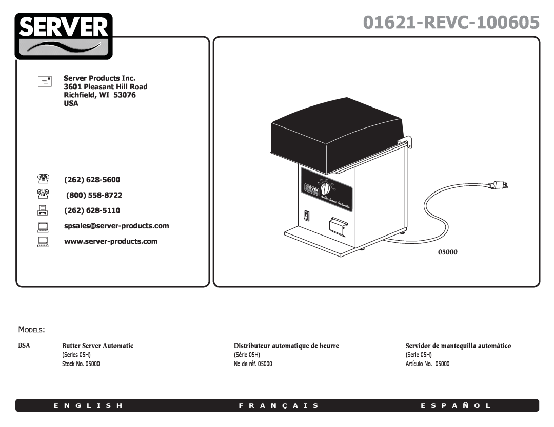 Server Technology 01621-REVC-100605 manual E N G L I S H, F R A N Ç A I S, E S P A Ñ O L, 05000, Butter Server Automatic 
